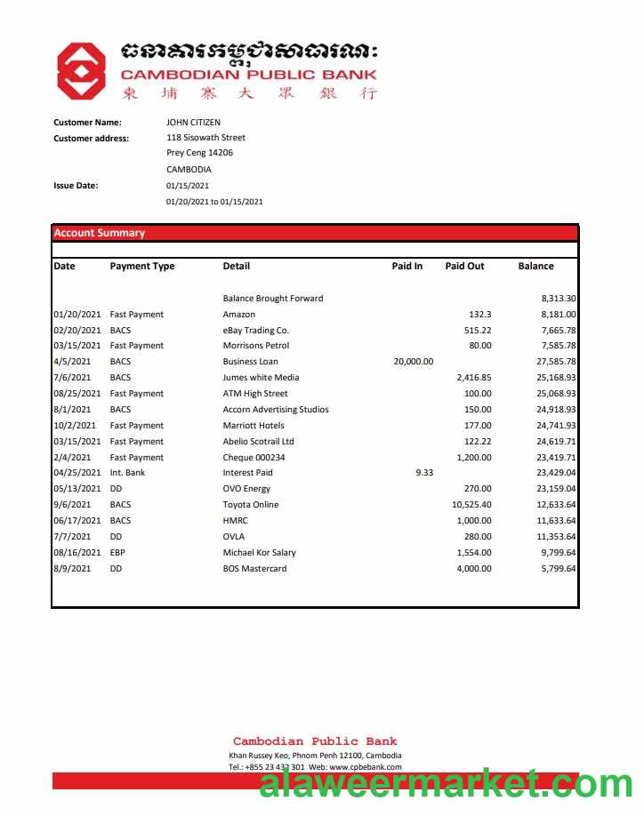 Cambodia Cambodian Public Bank statement easy to fill template in Excel and PDF format